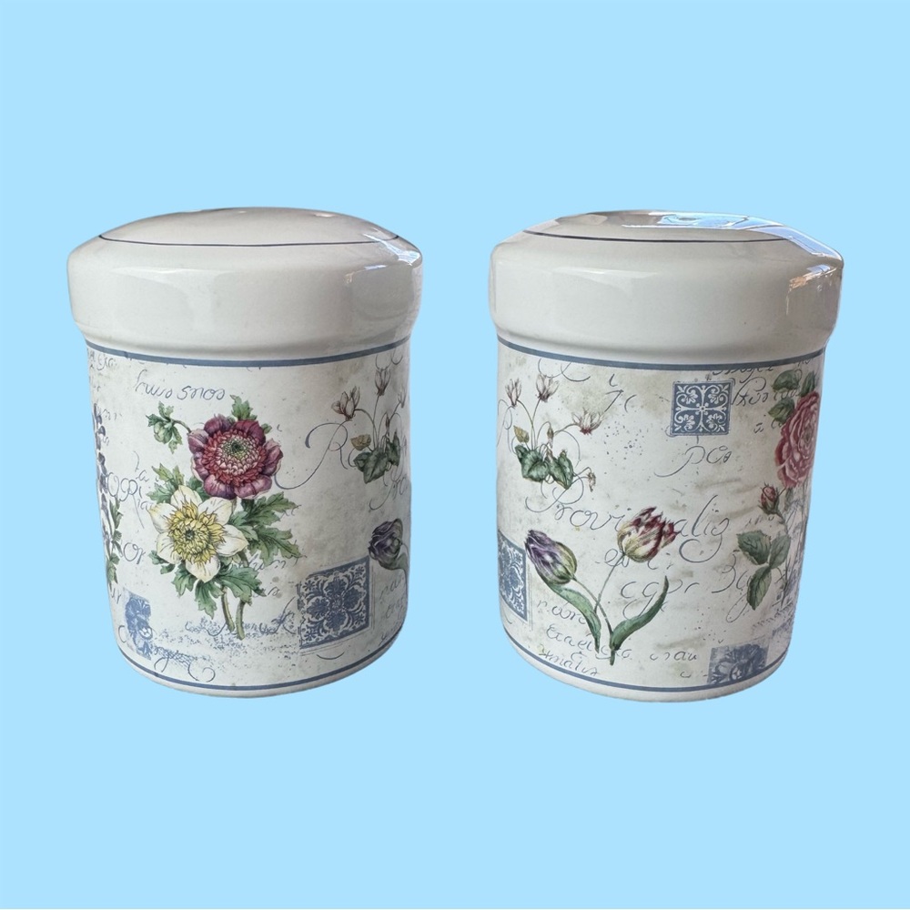 French Botanical Salt Pepper Shakers Floral Butterfly Script Pamela Gladding